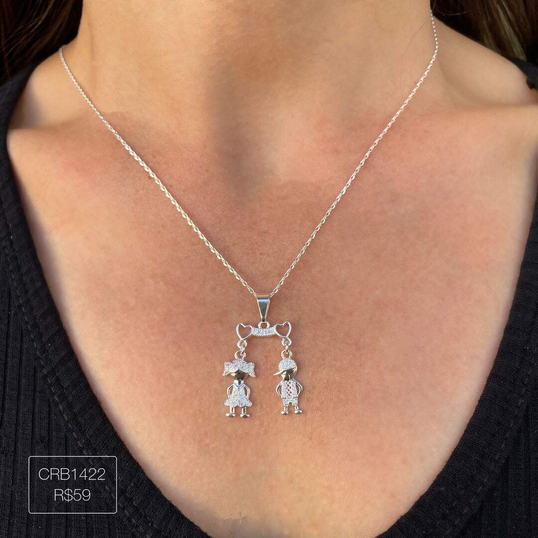 Colar Canga c/ 2 Filhos Cravejado Cristal Prateado